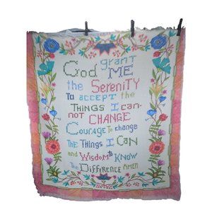 VTG Cindy Shamp Folk Floral Serenity Prayer Fringe Throw Cover  54" by 49.5"